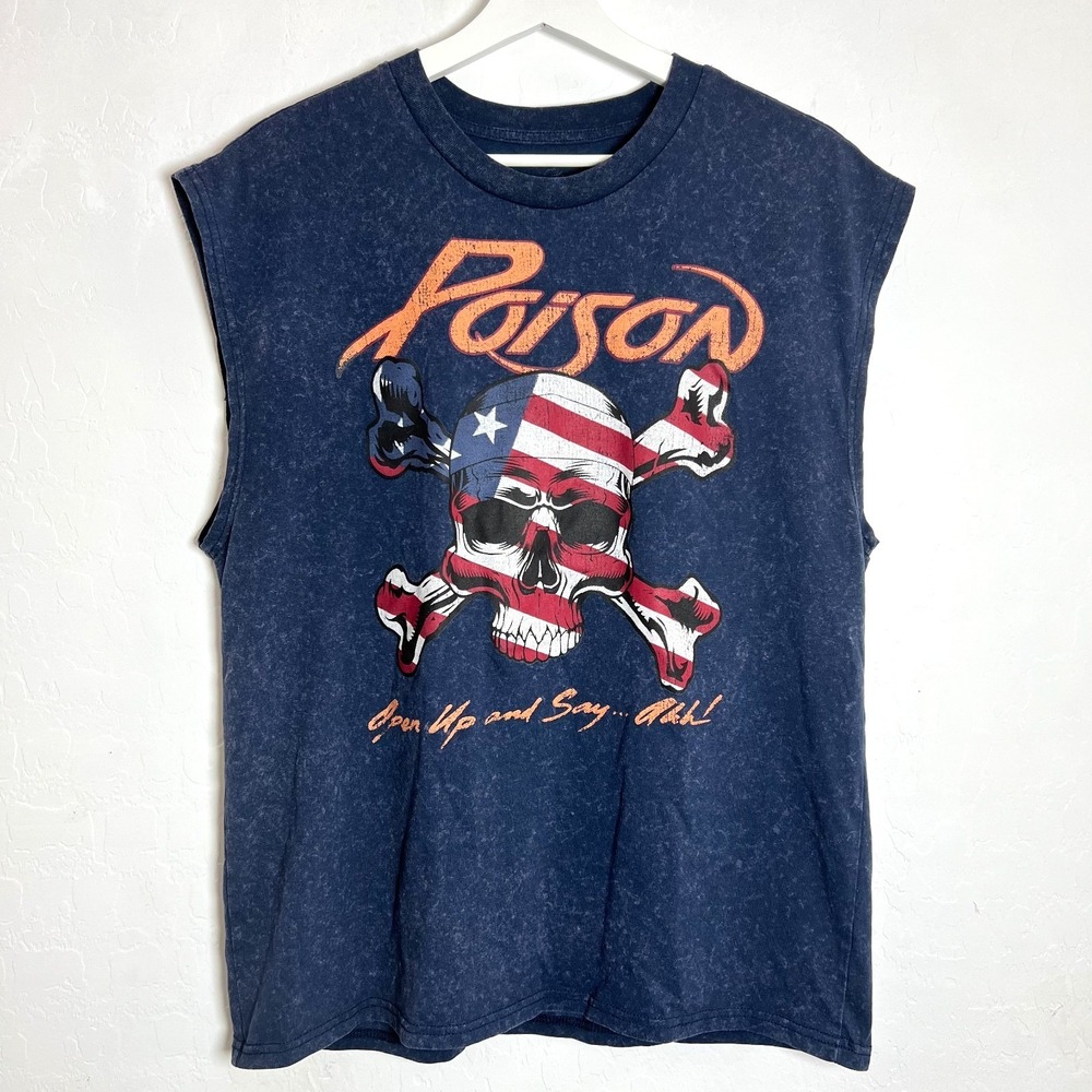 POISON October 1988 Concert Dark Blue Skull Bones Tank Garage Band Rock M